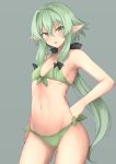  1girl :o bangs bikini black_bow blush bow commentary_request cowboy_shot elf flat_chest front-tie_bikini front-tie_top goblin_slayer! green_bikini green_eyes green_hair grey_background groin hair_between_eyes hair_intakes hand_on_hip head_tilt high_elf_archer_(goblin_slayer!) highres long_hair looking_at_viewer low_ponytail mobu navel parted_lips pointy_ears ponytail side-tie_bikini sidelocks solo standing swimsuit v-shaped_eyebrows 