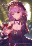  1girl artist_name bangs bare_shoulders beret bird bird_on_hand blunt_bangs blurry blurry_background breasts commentary_request day detached_collar detached_sleeves english eyebrows_visible_through_hair fate/grand_order fate_(series) hat helena_blavatsky_(fate/grand_order) ibuki_notsu looking_at_viewer nature open_mouth plant purple_hair small_breasts smile solo typo violet_eyes 