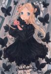  1girl :d abigail_williams_(fate/grand_order) bangs black_bow black_dress black_hat blonde_hair bloomers blue_eyes blush bow bug butterfly commentary_request dress eyebrows_visible_through_hair fate/grand_order fate_(series) forehead hair_bow hat holding holding_stuffed_animal indoors insect long_hair long_sleeves looking_at_viewer open_mouth orange_bow parted_bangs polka_dot polka_dot_bow sepia10iro sleeves_past_fingers sleeves_past_wrists smile solo standing stuffed_animal stuffed_toy teddy_bear underwear very_long_hair white_bloomers 