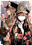  1boy 1girl :d brother_and_sister brown_eyes brown_hair crazy_straw dated drinking_straw eyebrows_visible_through_hair fate_(series) fireworks floral_print hat highres holding japanese_clothes kimono limited_palette long_hair looking_at_viewer obi oda_nobukatsu_(fate/grand_order) oda_nobunaga_(fate) open_mouth peaked_cap rioka_(southern_blue_sky) sash siblings smile twitter_username 