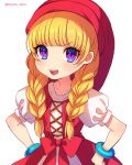  1girl absurdres blonde_hair bow bracelet braid dragon_quest dragon_quest_xi eyebrows_visible_through_hair hands_on_hips hat highres jewelry long_hair looking_at_viewer marota open_mouth puffy_short_sleeves puffy_sleeves red_bow red_hat short_sleeves simple_background smile solo twin_braids twitter_username veronica_(dq11) violet_eyes white_background 