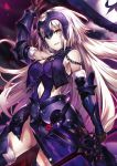  1girl :d armor armored_dress banner black_gloves black_sleeves breasts chains detached_sleeves dress fate/grand_order fate_(series) faulds floating_hair fur_trim gloves headpiece holding holding_sword holding_weapon jeanne_d&#039;arc_(alter)_(fate) jeanne_d&#039;arc_(fate)_(all) long_hair looking_at_viewer medium_breasts navel navel_cutout open_mouth petals purple_dress riichu sideboob silver_hair sleeveless sleeveless_dress smile solo standing sword very_long_hair weapon yellow_eyes 