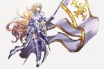  1girl armor armored_dress blonde_hair blue_eyes chains commentary_request fate/grand_order fate_(series) flag headpiece highres jeanne_d&#039;arc_(fate) jeanne_d&#039;arc_(fate)_(all) long_hair polearm solo tenobe very_long_hair weapon 