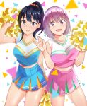  2girls :d alternate_costume arm_behind_back arm_up bare_arms bare_legs black_hair blue_eyes blue_skirt blurry blush breasts cheerleader collarbone confetti depth_of_field eyebrows_visible_through_hair female hair_between_eyes hair_ornament hair_scrunchie hand_up hands_up happy highres large_breasts lavender_hair legs long_hair looking_at_viewer medium_breasts midriff multiple_girls nanashiproject neck open_mouth orange_scrunchie pink_skirt pleated_skirt pom_poms ponytail red_eyes scrunchie shinjou_akane shiny shiny_hair short_hair side-by-side skirt sleeveless smile ssss.gridman standing takarada_rikka v white_background 