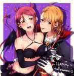  2girls ahoge black_gloves blush breasts brown_hair cleavage collarbone demon_tail earrings fangs flower gloves groin hair_between_eyes hand_holding hand_on_another&#039;s_hip happy_halloween heart highres holding holding_weapon horns interlocked_fingers jewelry kougi_hiroshi long_hair looking_at_viewer love_live! love_live!_sunshine!! medium_breasts midriff multiple_girls navel open_mouth red_eyes red_flower red_rose red_tail redhead rose sakurauchi_riko short_hair slit_pupils stomach tail takami_chika tongue tongue_out vampire weapon white_gloves white_neckwear yellow_eyes 