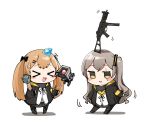  &gt;_&lt; 2girls :3 :d armband balancing balancing_on_head black_gloves black_jacket black_legwear blush blush_stickers brown_hair chibi closed_eyes commentary cube detergent diamond fingerless_gloves girls_frontline gloves grey_hair gun hair_ornament hairclip highres hood hood_down hooded_jacket jacket juggling junsuina_fujunbutsu long_hair looking_at_viewer multiple_girls object_on_head one_side_up open_clothes open_jacket open_mouth scar scar_across_eye simple_background smile submachine_gun twintails ump45_(girls_frontline) ump9_(girls_frontline) weapon white_background 