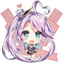  1girl :d ahoge anchor azur_lane bangs bare_shoulders black_bikini_top black_skirt blue_eyes blue_shirt blush breasts chibi cleavage commentary_request detached_collar eyebrows_visible_through_hair fang full_body hair_ornament hands_on_own_cheeks hands_on_own_face heart heart-shaped_pupils heart_ahoge long_hair long_sleeves looking_at_viewer medium_breasts miniskirt mismatched_legwear off_shoulder open_mouth pleated_skirt portland_(azur_lane) purple_hair shirt side_ponytail simple_background skirt smile solo star star_print symbol-shaped_pupils turret unacchi_(nyusankin) very_long_hair white_background white_legwear 