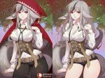  1girl animal_ears belt black_hair breasts cleavage closed_mouth corset fire_emblem fire_emblem_if grey_hair hood hood_up long_hair long_sleeves medium_breasts multicolored_hair nintendo parted_lips patreon_logo red_eyes songjikyo tail two-tone_hair velour_(fire_emblem_if) wolf_ears wolf_tail 