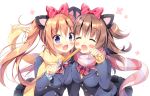  2girls :d ^_^ animal_ears black_skirt blazer blue_cardigan blue_eyes blush bow bowtie brown_hair cat_ears churro closed_eyes closed_eyes commentary_request fang food hair_bow holding holding_food jacket long_hair long_sleeves looking_at_viewer multiple_girls open_mouth orange_hair original pan_(mimi) paw_pose pink_scarf pleated_skirt polka_dot polka_dot_scarf red_bow red_neckwear scarf school_uniform skirt smile striped striped_bow striped_neckwear striped_scarf twintails two_side_up yellow_cardigan yellow_scarf 