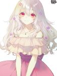  1girl blush dress elf flower hair_flower hair_ornament jewelry kerberos_blade long_hair looking_at_viewer necklace official_art pale_skin pink_dress pointy_ears red_eyes sakuma_shiki silver_hair smile solo standing very_long_hair white_background 