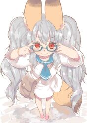  1girl animal_ear_fluff animal_ears azuki_akizuki bag blue-framed_eyewear blue_neckwear blue_sailor_collar closed_mouth collarbone commentary_request copyright_request dress fox_ears fox_girl fox_tail full_body glasses grey_hair hands_up long_hair long_sleeves looking_at_viewer red_eyes sailor_collar sailor_dress semi-rimless_eyewear shoulder_bag smile solo standing tail twintails under-rim_eyewear very_long_hair white_dress 