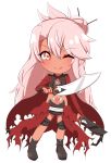  1girl ;) asymmetrical_bangs bangs blush boots brown_footwear chawan_(yultutari) chibi chloe_von_einzbern closed_mouth commentary_request dagger dark_skin dual_wielding eyebrows_visible_through_hair fate/kaleid_liner_prisma_illya fate_(series) full_body hair_between_eyes hair_bun highres holding holding_dagger holding_weapon jacket long_hair looking_at_viewer navel one_eye_closed orange_eyes pink_hair red_jacket simple_background smile solo standing stomach_tattoo tattoo very_long_hair weapon white_background 