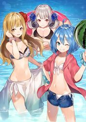  3girls :d ahoge aqua_eyes bikini black_bikini_top blonde_hair blue_flower blue_hair blue_scrunchie blue_shorts blush breasts cleavage copyright_request day dil_brad el_swit eyebrows_visible_through_hair floating_hair flower food front-tie_bikini front-tie_top fruit grin groin hair_flower hair_ornament hand_in_hair hibiscus highres hood hood_down hooded_jacket innertube jacket large_breasts lens_flare long_hair looking_at_viewer medium_breasts multiple_girls navel one_eye_closed open_clothes open_jacket open_mouth open_shorts outdoors petals pink_flower polka_dot polka_dot_scrunchie red_eyes red_flower red_jacket scrunchie sei_lili shiny shiny_hair short_hair short_shorts shorts shugao silver_hair skirt_hold small_breasts smile sparkle swimsuit very_long_hair wading water watermelon white_bikini white_polka_dots wrist_scrunchie yellow_eyes 