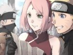  1girl 2boys asuna_(doruru-mon) bangs bird black_gloves blue_eyes gloves green_eyes grin haruno_sakura hatake_kakashi headband highres multiple_boys naruto naruto_(series) naruto_shippuuden outdoors parted_bangs pink_hair short_hair silver sketch sleeves smile upper_body uzumaki_naruto 