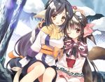  2girls :d animal_ears arm_up bangs black_hair blush bow braid breasts brown_capelet brown_eyes brown_hair commentary_request day eyebrows_visible_through_hair hair_between_eyes hair_bow hair_ribbon hand_on_another&#039;s_head hands_on_lap head_tilt japanese_clothes kimono kuon_(utawareru_mono) long_hair long_sleeves looking_at_viewer low-tied_long_hair medium_breasts multiple_girls obi one_eye_closed open_mouth orange_bow orange_ribbon outdoors parted_lips pink_bow red_eyes ribbon rurutie_(utawareru_mono) sash side_braids sitting sleeves_past_fingers sleeves_past_wrists smile snow snow_on_head tail tail_raised tree twin_braids utawareru_mono utawareru_mono:_itsuwari_no_kamen very_long_hair white_kimono wide_sleeves youta 