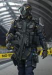  assault_rifle body_armor caution_tape cowboy_shot cyberpunk exoskeleton gun helmet highres leo837 load_bearing_vest looking_to_the_side original police power_armor rifle solo standing walking weapon 