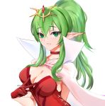  1girl breasts cape chiki cleavage ei1han fire_emblem fire_emblem:_kakusei gloves green_eyes green_hair long_hair mamkute medium_breasts nintendo parted_lips pointy_ears ponytail red_gloves simple_background solo tiara twitter_username upper_body v white_background 