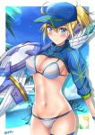  1girl artoria_pendragon_(all) baseball_cap beach bikini blonde_hair blue_eyes blue_hair blue_hat blue_sleeves blush breasts cleavage covered_nipples cowboy_shot day eyebrows_visible_through_hair fate/grand_order fate_(series) gradient_hair grey_ribbon groin hair_between_eyes hat holding holding_weapon lens_flare medium_breasts multicolored_hair mysterious_heroine_xx_(foreigner) navel outdoors ponytail shiny shiny_skin shrug_(clothing) side-tie_bikini sideboob solo standing sunsun2812 sweatdrop swimsuit thigh-highs two-tone_hair weapon white_bikini wristband 