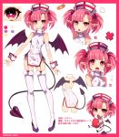  1girl :q anger_vein bandaid bandaid_hair_ornament bangs bat_wings chibi demon_girl demon_tail earrings eyebrows_visible_through_hair food fruit full_body garter_straps hair_ornament hat heart heart-shaped_pupils highres jewelry looking_at_viewer marota nurse nurse_cap original pointy_ears red_eyes short_hair simple_background sitting sleeveless smile solo standing strawberry symbol-shaped_pupils tail teeth thigh-highs tongue tongue_out twintails twitter_username white_background white_legwear wings wrist_cuffs 