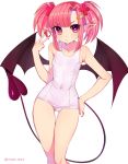  1girl absurdres bandaid_hair_ornament bangs bat_wings covered_navel demon_girl demon_tail eyebrows_visible_through_hair flat_chest hair_ornament hand_on_hip heart heart-shaped_pupils highres looking_at_viewer marota nail_polish one-piece_swimsuit original pointy_ears red_nails short_hair simple_background solo swimsuit symbol-shaped_pupils tail v white_background white_swimsuit wings x_hair_ornament 