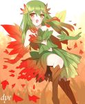  1girl :d autumn_leaves bangs bare_shoulders blush brown_hair collarbone commentary_request elbow_gloves eyebrows_visible_through_hair fairy gloves gradient_hair green_eyes green_gloves green_hair green_skirt hair_between_eyes hair_ornament heterochromia highres leaf leaf_hair_ornament long_hair looking_at_viewer maple_leaf mismatched_gloves mismatched_wings multicolored_hair non_(wednesday-classic) open_mouth original red_gloves redhead skirt smile solo very_long_hair white_background wings 