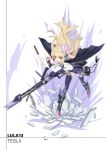  1girl artist_name black_legwear blonde_hair blush character_request copyright_request eyebrows_visible_through_hair full_body garter_straps gun highres holding holding_gun holding_weapon long_hair looking_at_viewer nervous_smile open_mouth pink_eyes qihai_lunpo solo teeth thigh-highs weapon 