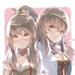  2girls akausuko bangs beige_vest blush breasts brown_hair cleavage closed_mouth collarbone collared_shirt eyebrows_visible_through_hair facing_viewer futaba_rio glasses hair_between_eyes high_ponytail highres labcoat large_breasts long_hair long_sleeves looking_at_viewer multiple_girls necktie open_clothes parted_lips pink_background ponytail red_neckwear seishun_buta_yarou shirt short_sleeves sidelocks solo unbuttoned unbuttoned_shirt wavy_hair yellow_eyes 