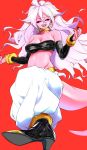  1girl android_21 black_nails black_sclera breasts choker cleavage collarbone dragon_ball dragon_ball_fighterz drawn highres large_breasts long_hair looking_at_viewer majin_android_21 mityubi nail_polish navel open_mouth pink_skin pointy_ears red_background red_eyes simple_background sketch solo tail white_hair yellow_choker 