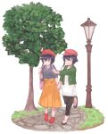  2girls alternate_costume az_toride bag beret black_hair black_pants black_shirt brown_eyes full_body handbag hat i-13_(kantai_collection) i-14_(kantai_collection) kantai_collection lamppost long_skirt multiple_girls orange_skirt pants pointing red_hat shirt short_hair simple_background skirt sweater tree walking white_background white_sweater 