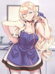  1girl apron bare_shoulders blonde_hair blue_apron blue_eyes blurry cowboy_shot depth_of_field dress grey_dress hair_between_eyes hand_on_hip highres kantai_collection leaning_forward long_hair mole mole_under_eye mole_under_mouth multicolored multicolored_clothes multicolored_dress multicolored_legwear multicolored_ribbon ribbon richelieu_(kantai_collection) shingyo sink solo strapless strapless_dress white_legwear 