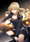  1girl artoria_pendragon_(all) bangs belt black_jacket black_shirt black_shorts blonde_hair blurry blurry_background breasts city_lights cleavage eyebrows_visible_through_hair fate/grand_order fate_(series) ground_vehicle ice_(ice_aptx) jacket jewelry long_hair looking_at_viewer motor_vehicle motorcycle necklace on_motorcycle parted_lips ponytail riding saber_alter shinjuku shirt short_shorts shorts sidelocks sitting solo thighs yellow_eyes 
