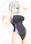  1girl black_swimsuit blue_eyes breasts competition_swimsuit covered_navel cowboy_shot eyes_visible_through_hair hair_ornament hair_over_one_eye hairclip hamakaze_(kantai_collection) highres kantai_collection large_breasts looking_at_viewer one-piece_swimsuit ouka_yozakura short_hair silver_hair solo standing swimsuit white_background 
