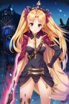  1girl asymmetrical_sleeves black_leotard black_nails black_sleeves blonde_hair bow breasts cape chisi choker cleavage collarbone cowboy_shot detached_sleeves diadem earrings ereshkigal_(fate/grand_order) eyebrows_visible_through_hair fate/grand_order fate_(series) floating_hair hair_bow hand_on_hip head_tilt highleg highleg_leotard highres holding holding_weapon jewelry leotard long_hair looking_at_viewer medium_breasts nail_polish red_bow red_cape red_eyes single_sleeve solo standing strapless strapless_leotard twintails very_long_hair weapon 