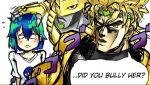  1boy 1girl 1other blonde_hair bullying dio_brando earth-chan english green_headband headband holding_person jojo_no_kimyou_na_bouken looking_at_viewer shirt simple_background sound_effects stand_(jojo) tearing_up the_world white_background white_shirt 
