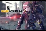  1girl absurdres arm_support bangs black_gloves blurry boots brown_eyes brown_hair car copyright_name debris depth_of_field diffraction_spikes fingerless_gloves girls_frontline gloves grimace ground_vehicle gun hand_on_ground highres holding holding_gun holding_weapon jacket letterboxed motor_vehicle outdoors scar scar_across_eye signature solo squatting tegar32 ump45_(girls_frontline) v-shaped_eyebrows weapon 