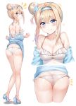  1girl absurdres ass bangs bare_back bare_shoulders bikini blonde_hair blue_eyes blue_footwear blue_jacket blush breasts bunny_hair_ornament butt_crack cleavage closed_mouth collarbone commentary_request eyebrows_visible_through_hair frilled_bikini frills full_body girls_frontline hair_between_eyes hair_bun hair_intakes hair_ornament hairband halter_top halterneck head_tilt high_heels highres jacket korean_commentary long_hair looking_at_viewer looking_back medium_breasts multiple_views off_shoulder open_clothes open_jacket sandals shoulder_blades sidelocks smile snowflake_hair_ornament standing sunhyun suomi_kp31_(girls_frontline) swimsuit white_bikini 
