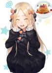  abigail_williams_(fate/grand_order) bangs black_bow black_dress blonde_hair blush bow closed_eyes dress fate/grand_order fate_(series) food forehead hair_bow hands_on_own_face kyoeiki long_hair open_mouth orange_bow pancake parted_bangs polka_dot polka_dot_bow ribbed_dress thought_bubble white_background 