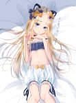  1girl :o abigail_williams_(fate/grand_order) absurdres animal_ear_fluff animal_ears bangs bare_shoulders bed_sheet blonde_hair bloomers blue_bra blue_eyes blush bow bra breasts cat_ears commentary_request eyebrows_visible_through_hair fate/grand_order fate_(series) forehead hair_bow hands_up head_tilt highres kemonomimi_mode long_hair lying navel on_back orange_bow parted_bangs parted_lips paw_pose purple_bow sakazakinchan small_breasts solo translated underwear underwear_only very_long_hair white_bloomers 