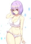  1girl arm_at_side arm_up bikini bob_cut breasts cleavage collarbone cowboy_shot eyebrows_visible_through_hair frilled_bikini frills hair_tucking highres ikomochi large_breasts looking_at_viewer navel purple_hair red_eyes shinjou_akane short_hair short_shorts shorts simple_background solo ssss.gridman swimsuit white_bikini 