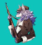  1boy blue_background brown_gloves brown_hat brown_jacket closed_mouth commentary_request fate/grand_order fate_(series) fingerless_gloves from_side furry gloves green_eyes gun hand_up hat highres holding holding_gun holding_weapon jacket long_hair male_focus patxi purple_hair rifle simple_background solo tenobe upper_body weapon wolf 