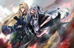  2girls ak-12_(girls_frontline) an-94 an-94_(girls_frontline) assault_rifle bangs blonde_hair blood blood_on_face bloody_clothes blue_eyes braid breasts broken_mask cape closed_mouth cocoka commentary cuts eyebrows_visible_through_hair french_braid girls_frontline gloves glowing glowing_eye gun hairband highres holding holding_gun holding_knife holding_weapon injury jacket knife long_hair long_sleeves looking_to_the_side mask medium_breasts midriff multiple_girls navel ribbon rifle robot sidelocks silver_hair simple_background torn_clothes very_long_hair violet_eyes weapon 