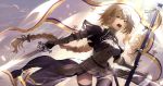  1girl armor armored_dress bangs black_legwear blonde_hair blue_sky braid breasts clouds commentary_request day dress eyebrows_visible_through_hair fate/grand_order fate_(series) flag gauntlets grey_eyes hair_between_eyes headphones holding holding_flag holding_sword holding_weapon jeanne_d&#039;arc_(fate) jeanne_d&#039;arc_(fate)_(all) koruta_(nekoimo) long_hair low_ponytail medium_breasts open_mouth outdoors ponytail purple_dress single_braid sky solo standard_bearer sword thigh-highs very_long_hair weapon white_flag 