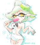  +_+ 1girl breasts domino_mask earrings eating food food_on_head grey_hair highres hotaru_(splatoon) jewelry mask mole mole_under_eye object_on_head okome_2g2g pointy_ears popsicle sideboob solo splatoon splatoon_(series) splatoon_1 suspenders sweat tentacle_hair twitter_username 