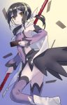  absurdres black_hair boots bow brown_eyes covered_navel fate/kaleid_liner_prisma_illya fate_(series) gae_bolg hair_bow hair_ornament highres holding holding_spear holding_weapon kaerude123 leotard long_hair looking_at_viewer miyu_edelfelt parted_lips polearm purple_legwear purple_leotard shiny shiny_hair showgirl_skirt spear thigh-highs twintails weapon white_bow white_footwear x_hair_ornament 