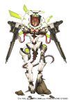  1girl android cable damaged dark_skin dirty dmm full_body green_eyes gun looking_at_viewer mechanical_halo official_art redhead smile solo standing_on_object tail weapon white_background yuba_no_shirushi zenmaibook 