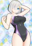  1girl black_swimsuit blue_eyes breasts competition_swimsuit covered_navel cowboy_shot eyes_visible_through_hair hair_ornament hair_over_one_eye hairclip hamakaze_(kantai_collection) highres kantai_collection large_breasts looking_at_viewer multicolored multicolored_background one-piece_swimsuit ouka_yozakura short_hair silver_hair solo standing swimsuit 