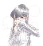  1girl black_eyes black_hair blush covering_face komi-san_wa_komyushou_desu komi_shouko long_hair mitsugu pullover smelling source_request white_background 