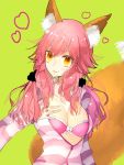  1girl animal_ears breasts cleavage collarbone fate/grand_order fate_(series) fox_ears fox_tail green_background hair_between_eyes heart highres jacket large_breasts long_hair looking_at_viewer open_clothes open_jacket partially_unzipped pink_bikini_top pink_hair pink_jacket shiny shiny_hair sketch smile solo striped_jacket tail tamamo_(fate)_(all) tamamo_no_mae_(swimsuit_lancer)_(fate) tsuyudakudakunarin upper_body yellow_eyes 