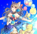  1girl ahoge animal_ear_fluff animal_ears balloon bangs bare_shoulders blue_collar blue_flower blue_rose blue_skirt blue_sky blush bow breasts brown_hair cat_ears cat_girl cat_tail commentary_request day detached_collar eyebrows_visible_through_hair fingernails flower hair_between_eyes hair_bow hair_flower hair_ornament heart layered_skirt long_hair navel open_mouth original outdoors outstretched_arms red_bow rose shikino_yuki skirt sky small_breasts solo spread_arms strapless tail tail_raised very_long_hair violet_eyes 