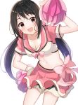  1girl :d bangs black_hair blush bow bowtie breasts brown_eyes cheerleader cleavage collarbone collared_shirt commentary_request crop_top eyebrows_visible_through_hair hair_bow hand_on_hip hand_up highres idolmaster idolmaster_cinderella_girls layered_skirt leaning_forward legs_apart long_hair looking_at_viewer low_twintails medium_breasts midriff miniskirt nakano_yuka navel open_mouth pink_bow pink_neckwear pink_shirt pink_skirt pom_poms satoimo_chika shirt short_sleeves sidelocks simple_background skirt smile solo standing stomach sweat twintails white_background 